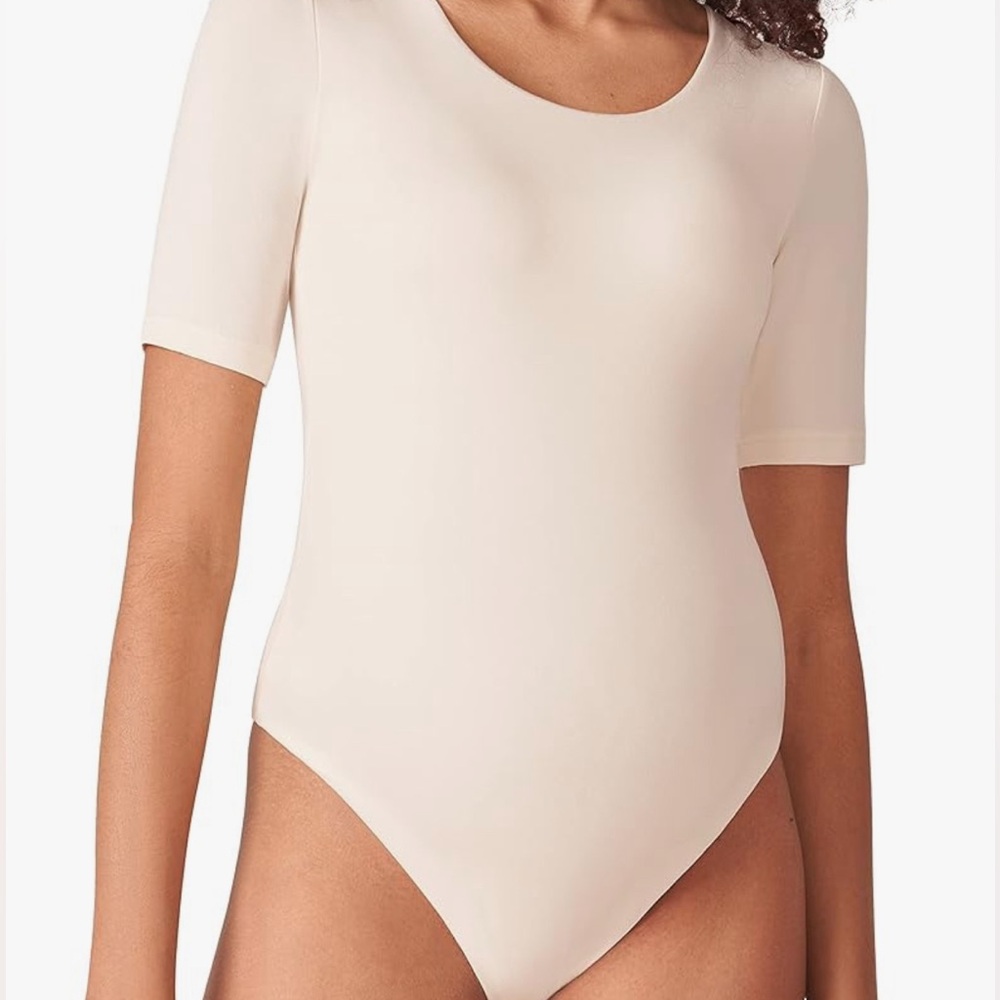 Poshdivah Women’s Maternity bodysuit scoop neck short sleeve, beige Large